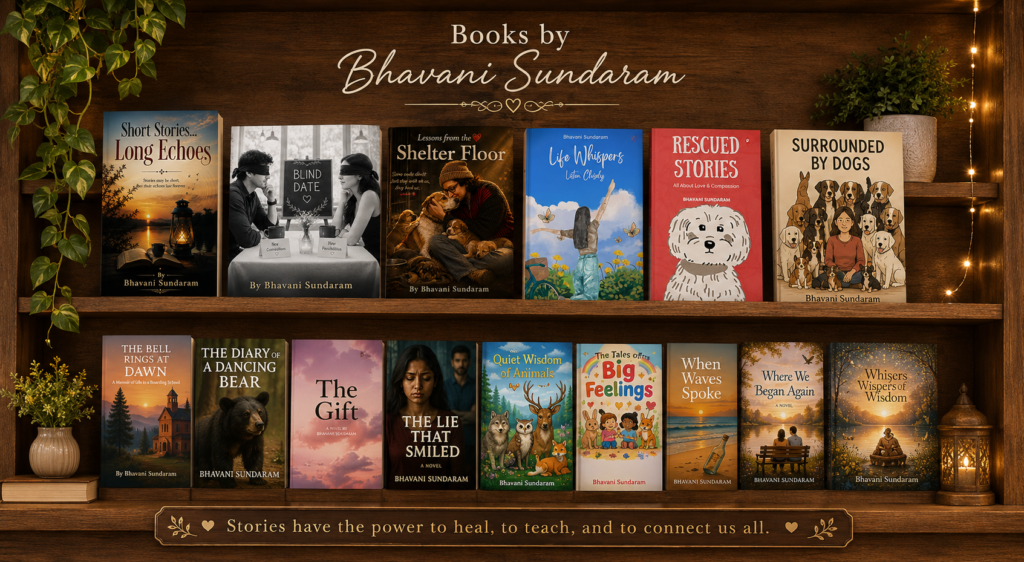 A shelf of books written by Bhavani Sundaram